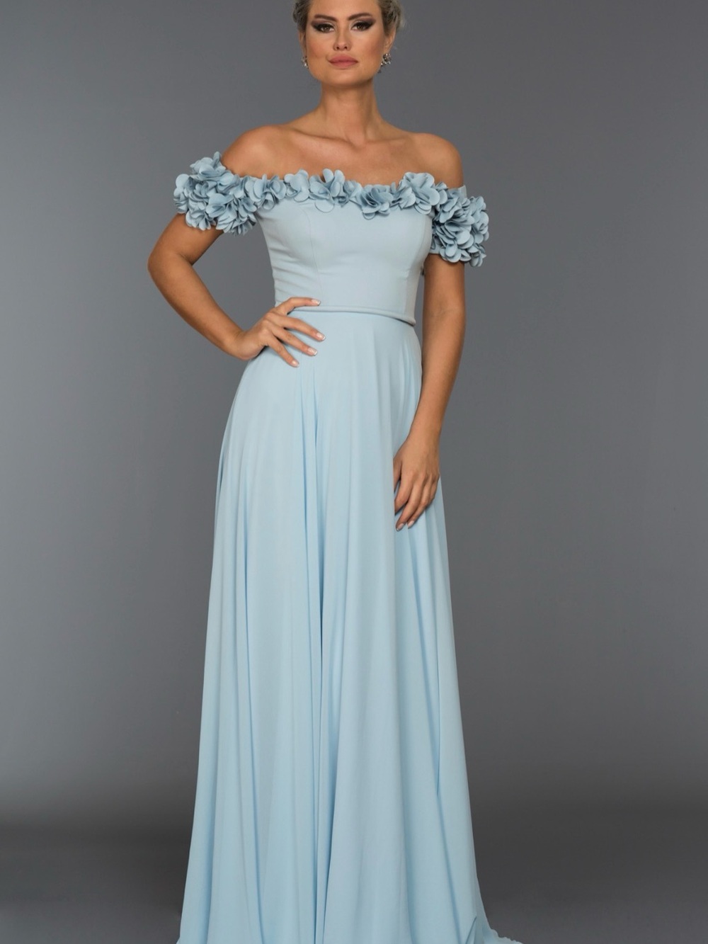 Designer Off-Shoulder Light Blue Floral Trim chiffon Evening Dress